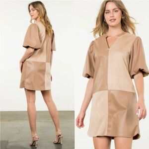 NWT- THML- faux suede and leather mini dress- beige/brown - XS - extra small